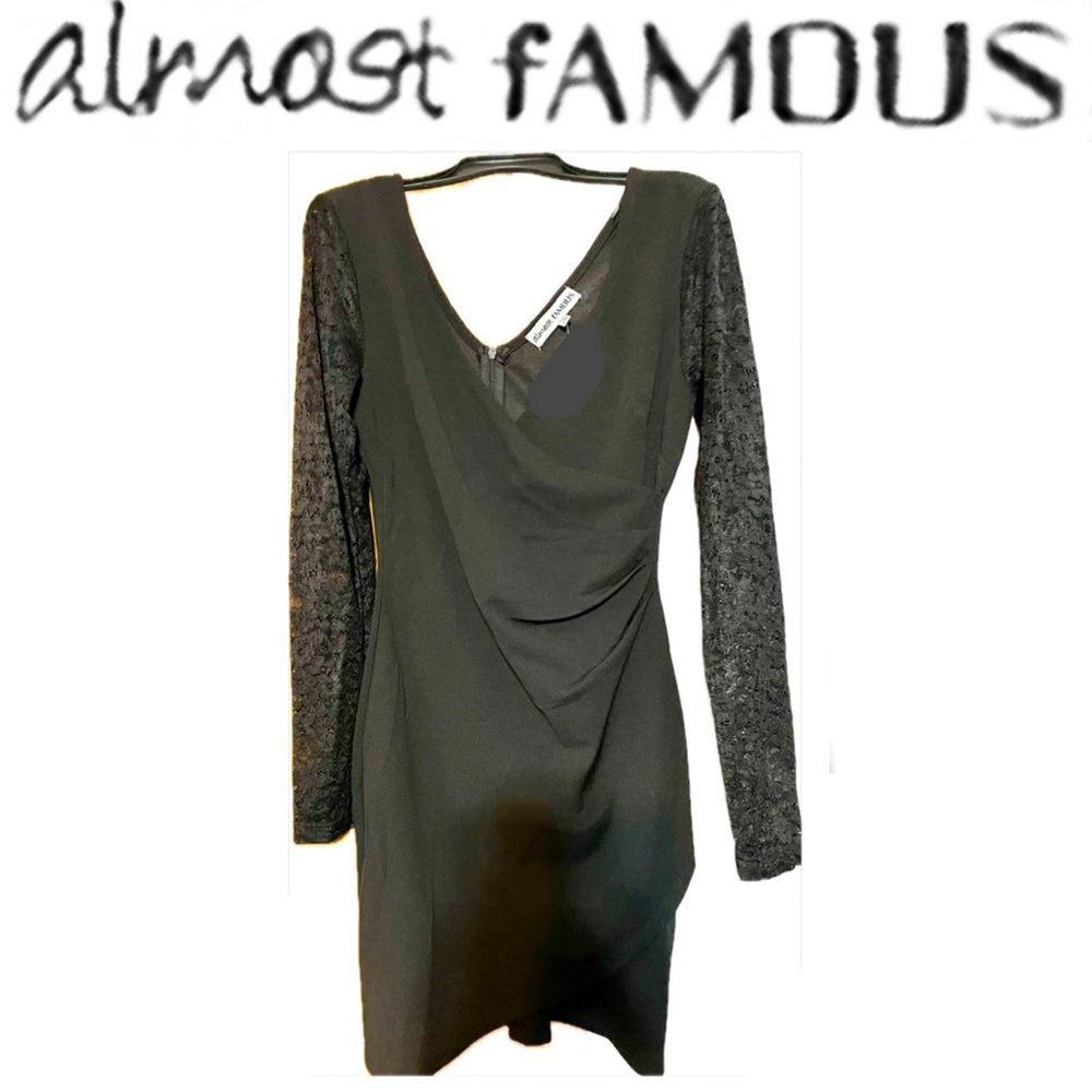 ALMOST FAMOUS  Black lace sleeves faux wrap cocktail dress size M NWT